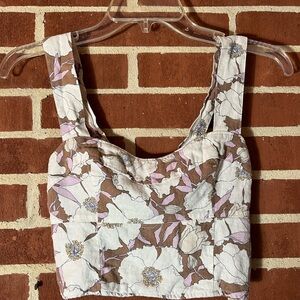 Abercrombie & Fitch Linen Blend Corset Tank Top in Brown and White Floral. XS